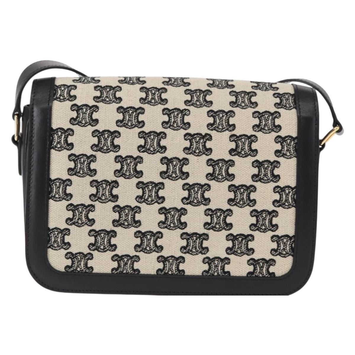 Celine Triomphe Shoulder Bag Canvas with Leather, BLACK, LEATHER, Shoulder bag