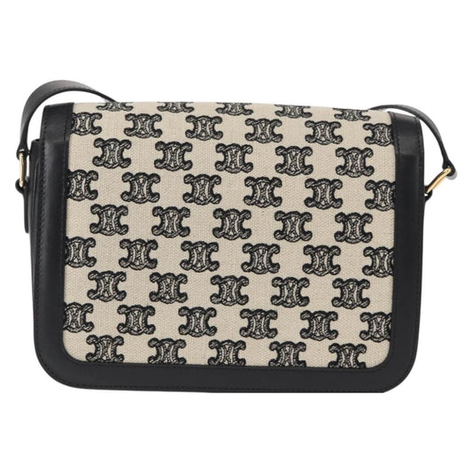 Celine Triomphe Shoulder Bag Canvas with Leather, BLACK, LEATHER, Shoulder bag