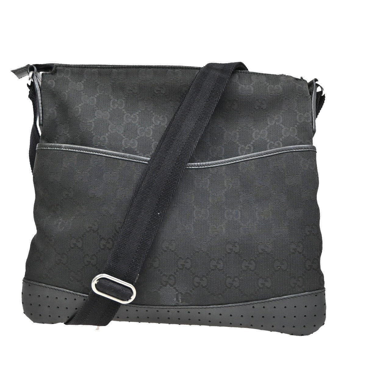 Gucci Zip Messenger Bag GG Canvas with Perforated Leather, BLACK, CANVAS, Shoulder bag