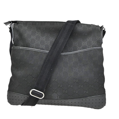 Gucci Zip Messenger Bag GG Canvas with Perforated Leather, BLACK, CANVAS, Shoulder bag