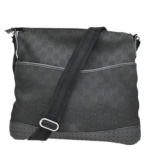 Gucci Zip Messenger Bag GG Canvas with Perforated Leather, BLACK, CANVAS, Shoulder bag