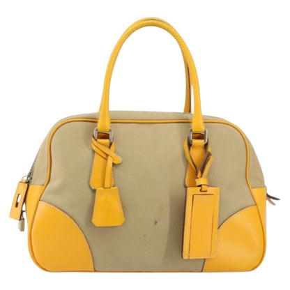 Prada Bowler Bag Canvas with Leather, BEIGE, CANVAS, Handbag
