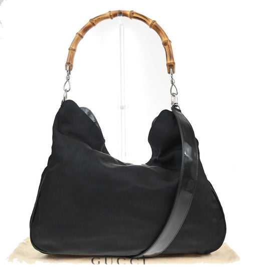 Gucci Vintage Bamboo Handle Open Hobo Nylon, BLACK, NYLON, Shoulder bag