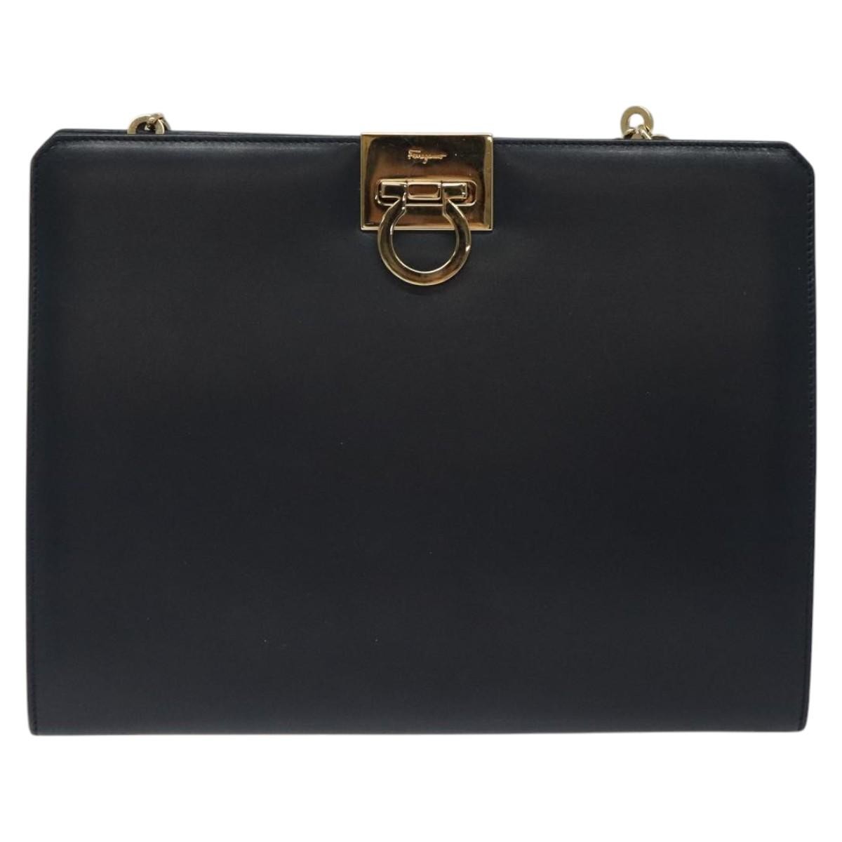 Salvatore Ferragamo Vintage Gancini Chain Shoulder Bag Leather, NAVY, LEATHER, Shoulder bag