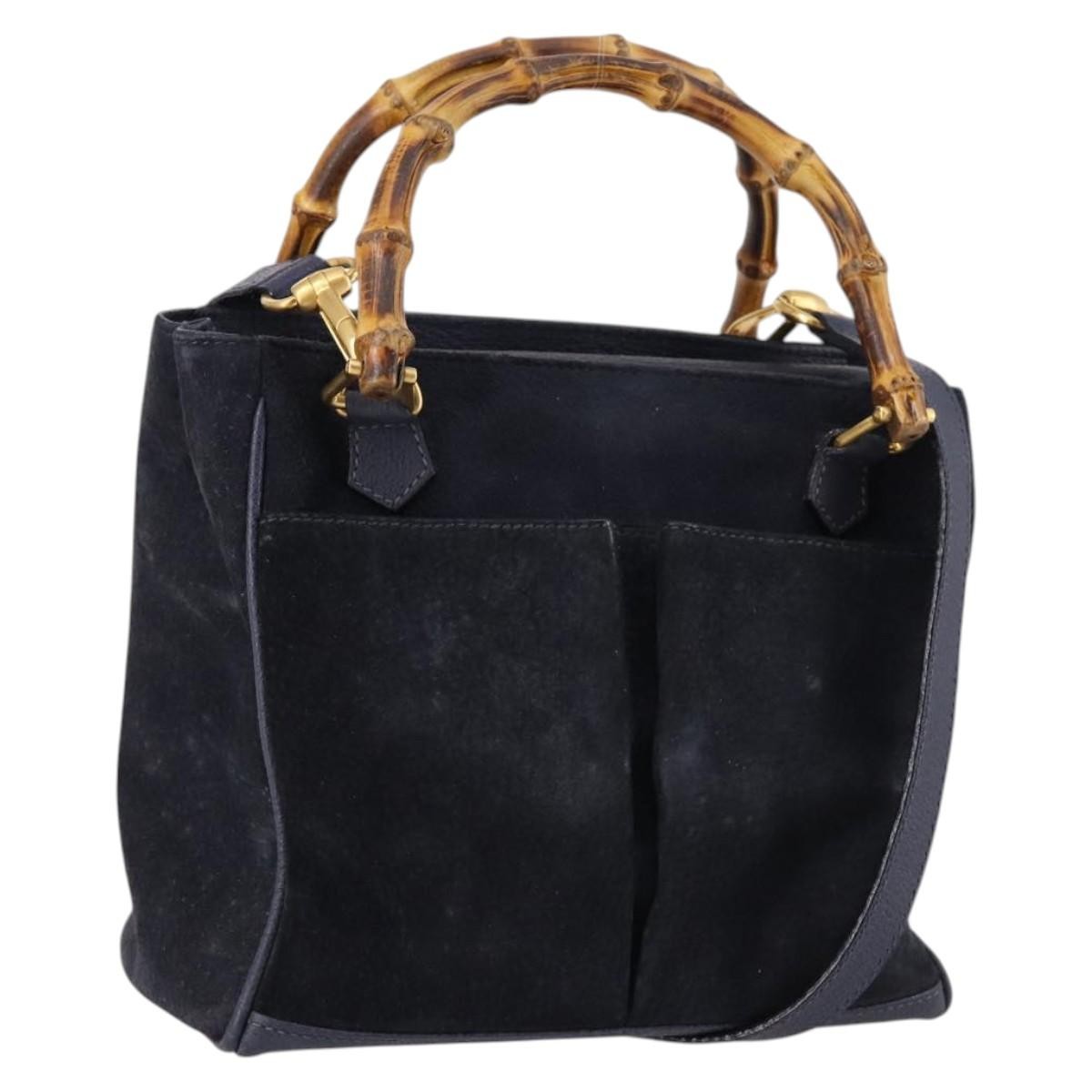 Gucci Vintage Bamboo Front Pocket Tote Suede, NAVY, SUEDE, Handbag