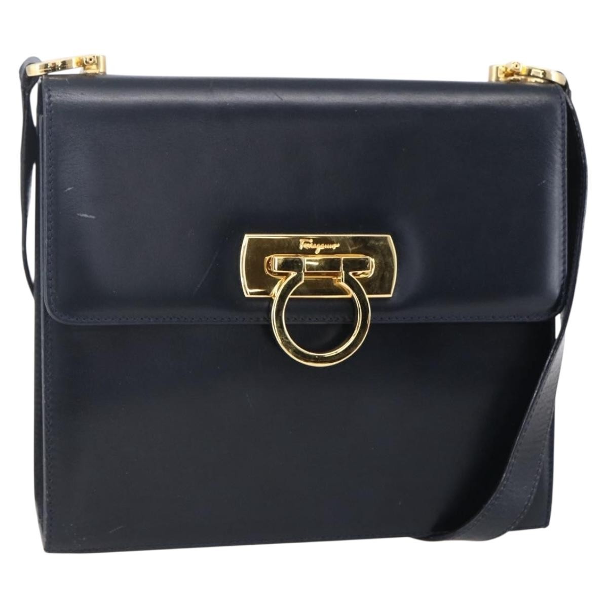 Salvatore Ferragamo Gancini Shoulder Bag Leather, NAVY, LEATHER, Shoulder bag