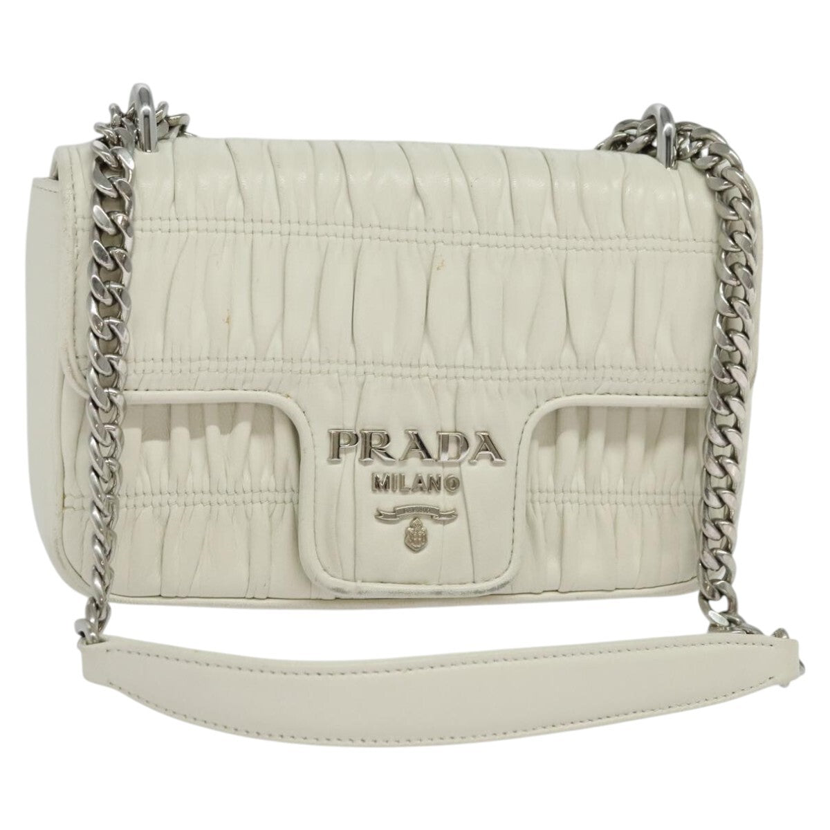 Prada Chain Flap Shoulder Bag Nappa Gaufre, WHITE, LEATHER, Shoulder bag