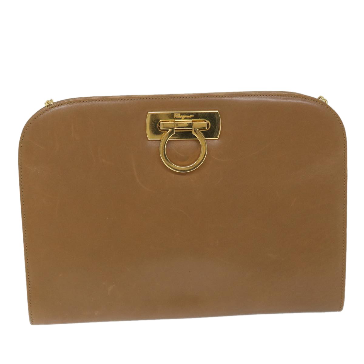 Salvatore Ferragamo Vintage Gancini Chain Shoulder Bag Leather, BROWN, LEATHER, Shoulder bag