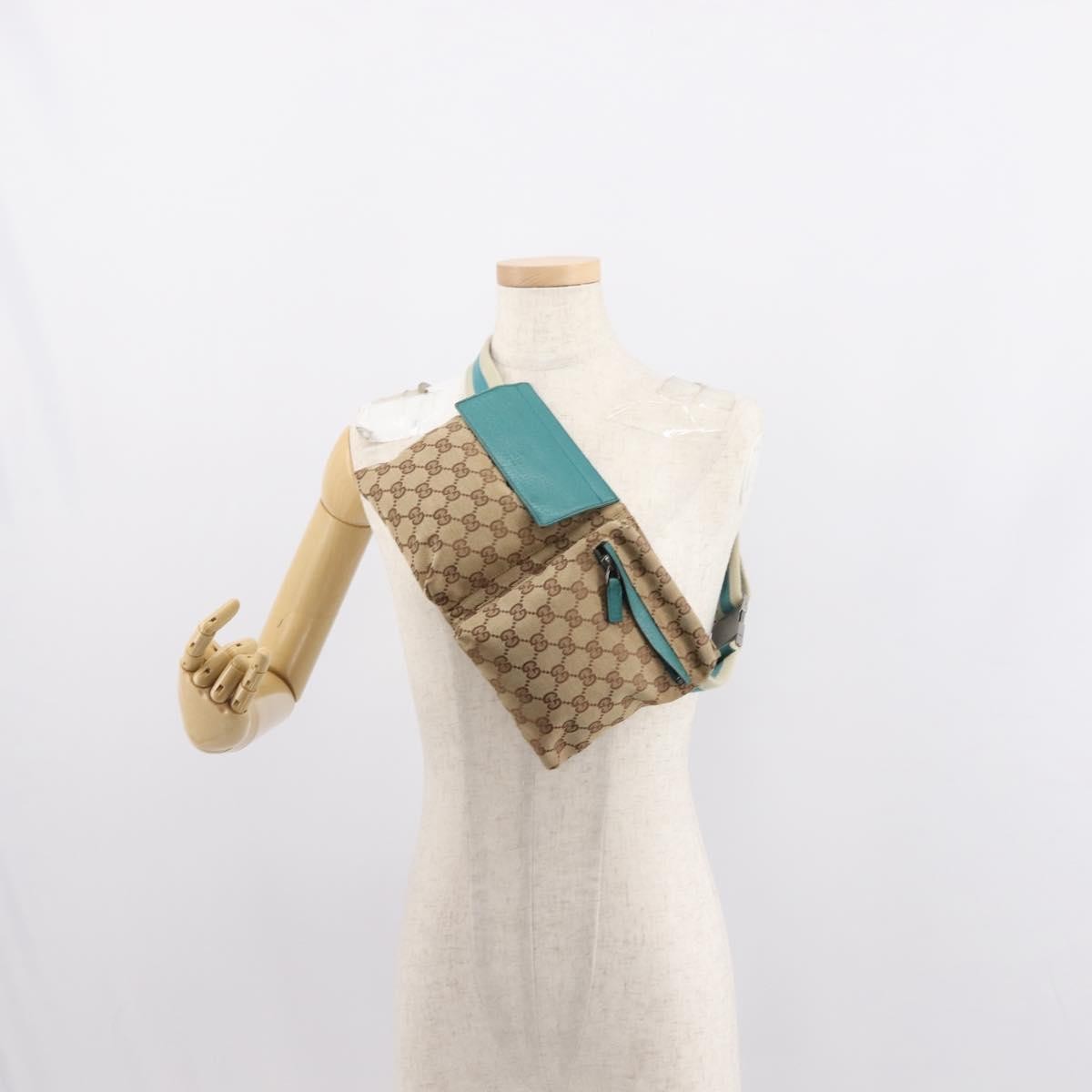 Gucci Vintage Double Belt Bag GG Canvas with Leather, BEIGE, CANVAS, Shoulder bag