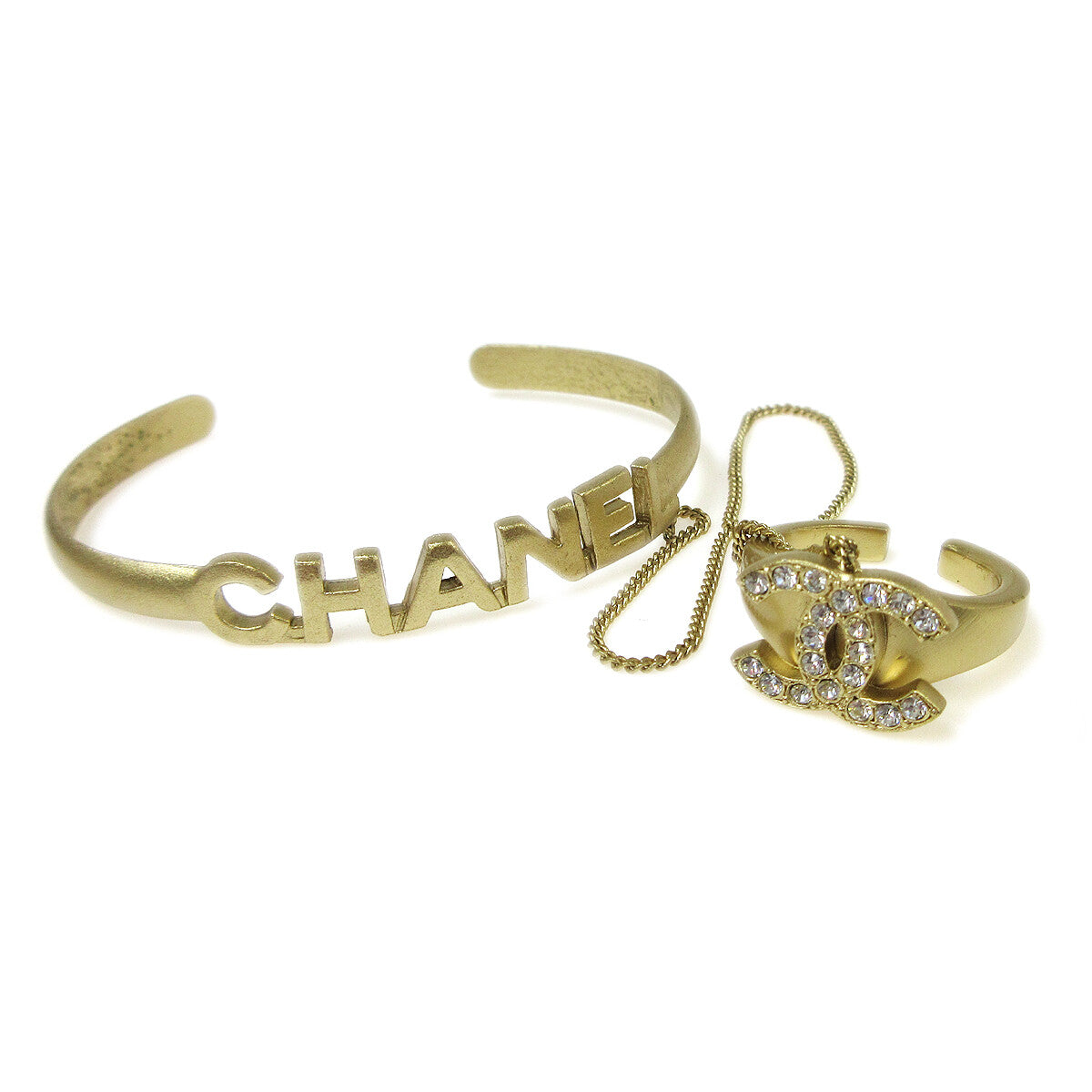 Chanel Logo Bangle with Chain Attached CC Ring Metal with Crystal, GOLD, GOLD_PLATED, Bracelet