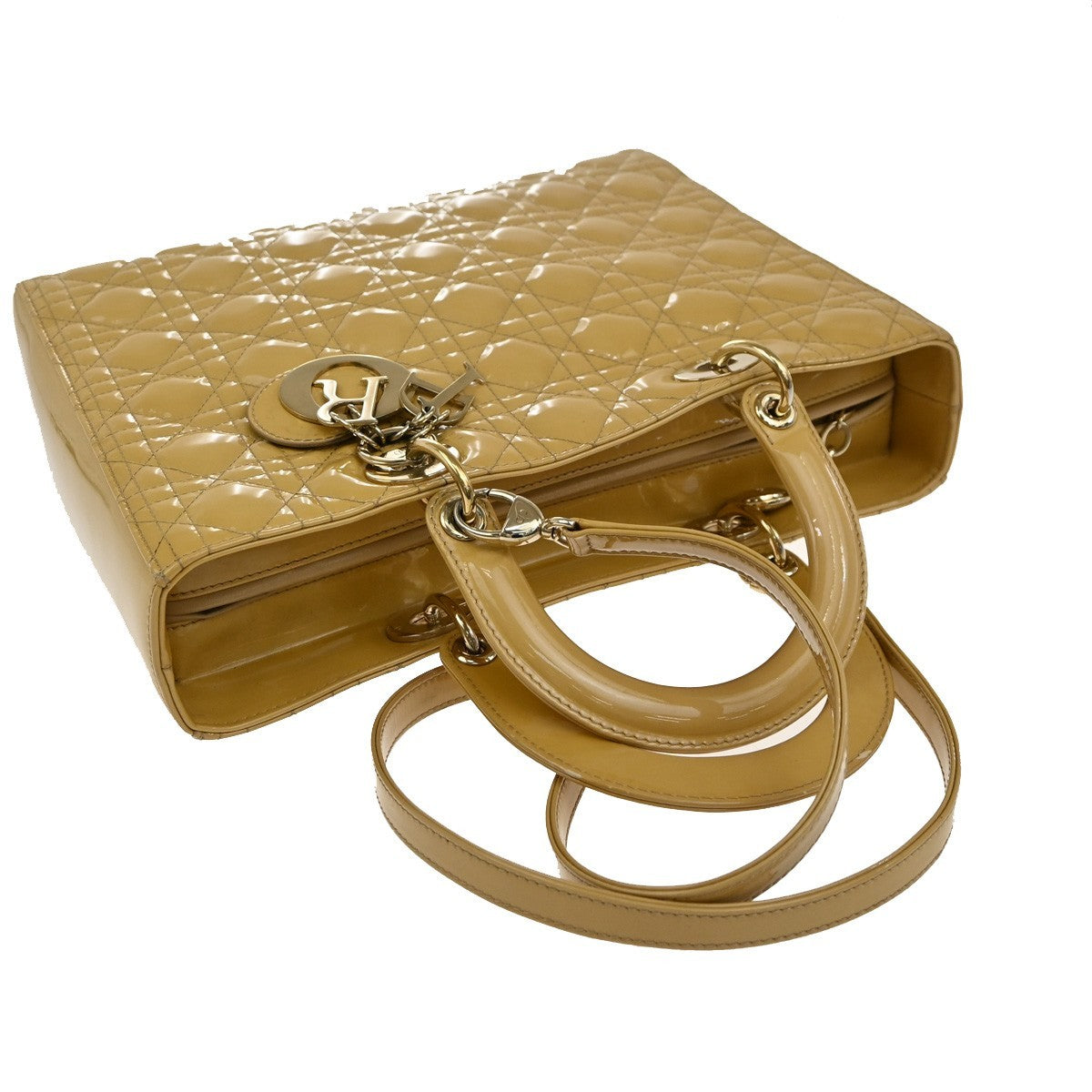Christian Dior Lady Dior Bag Cannage Quilt Patent, Yellow, Patent Leather, Handbag