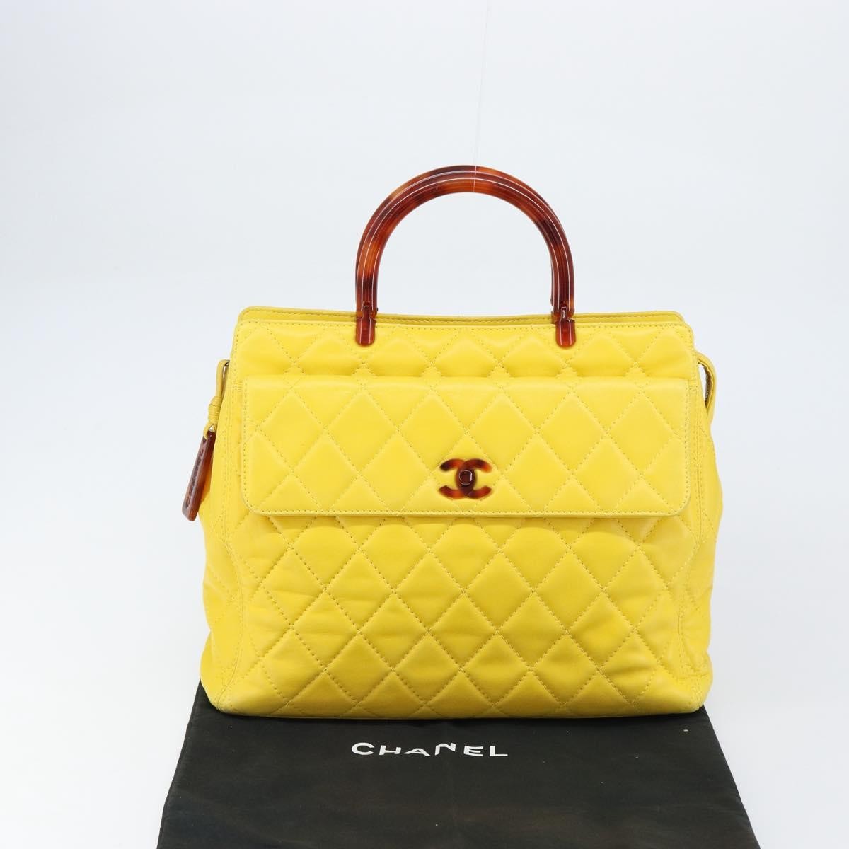 Chanel Vintage CC Resin Pocket Tote Quilted Leather, YELLOW, LEATHER, Tote bag