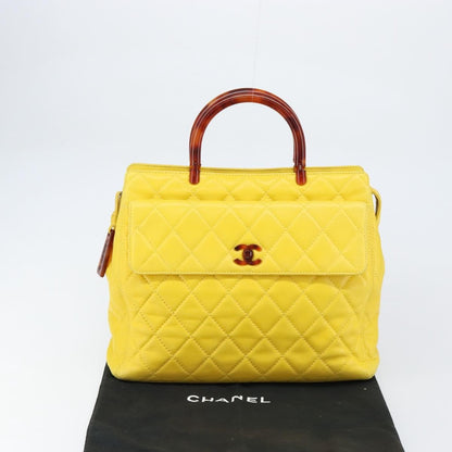Chanel Vintage CC Resin Pocket Tote Quilted Leather, YELLOW, LEATHER, Tote bag