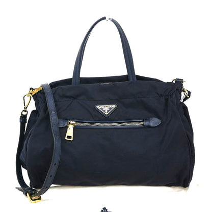 Prada Zip Convertible Shopping Tote Tessuto with Saffiano Leather, NAVY, NYLON, Handbag