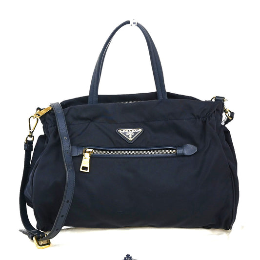 Prada Zip Convertible Shopping Tote Tessuto with Saffiano Leather, NAVY, NYLON, Handbag