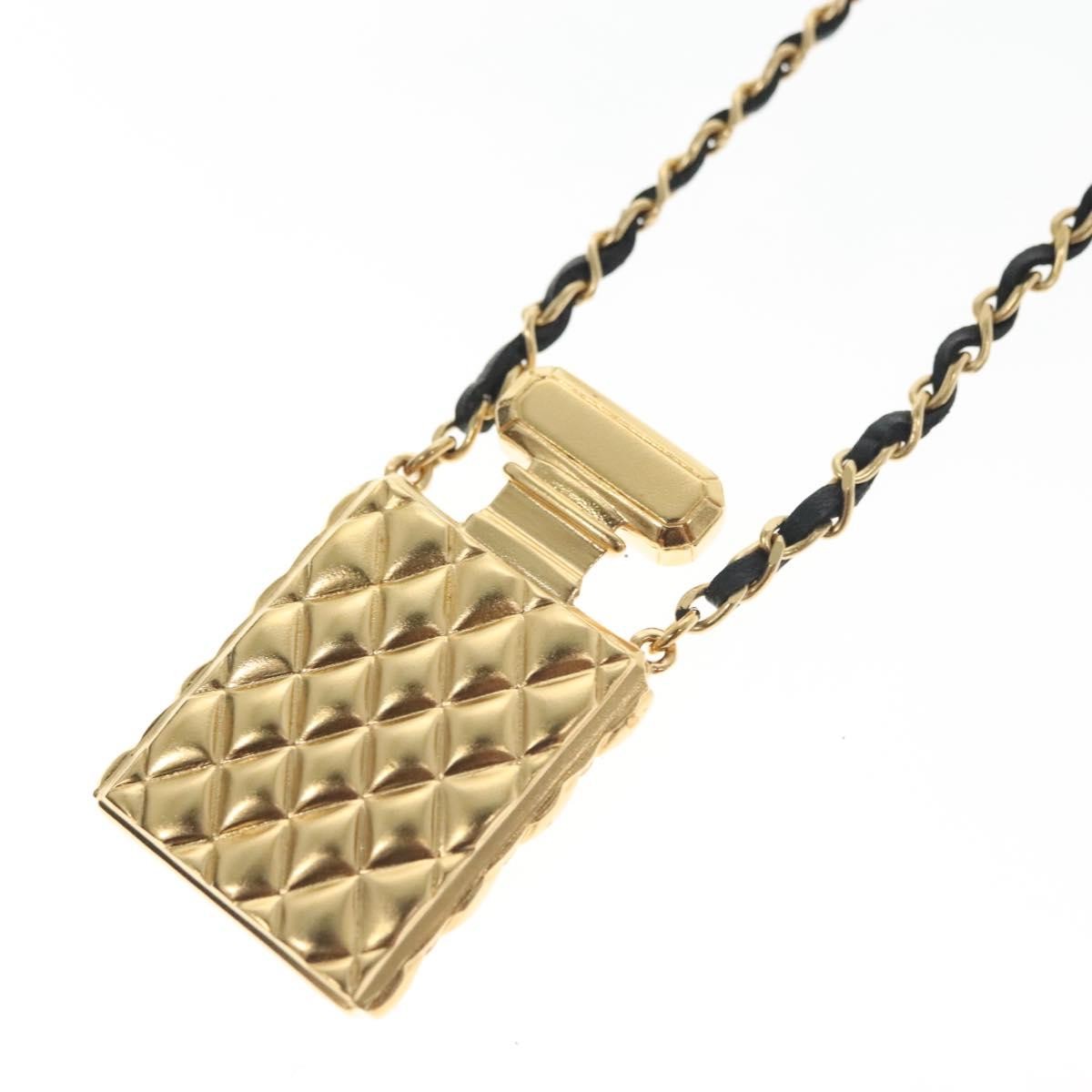 "Chanel CC Perfume Bottle Pendant Chain Long Necklace Metal with Leather, Crystals and Faux Pearl", GOLD, METAL, Necklace