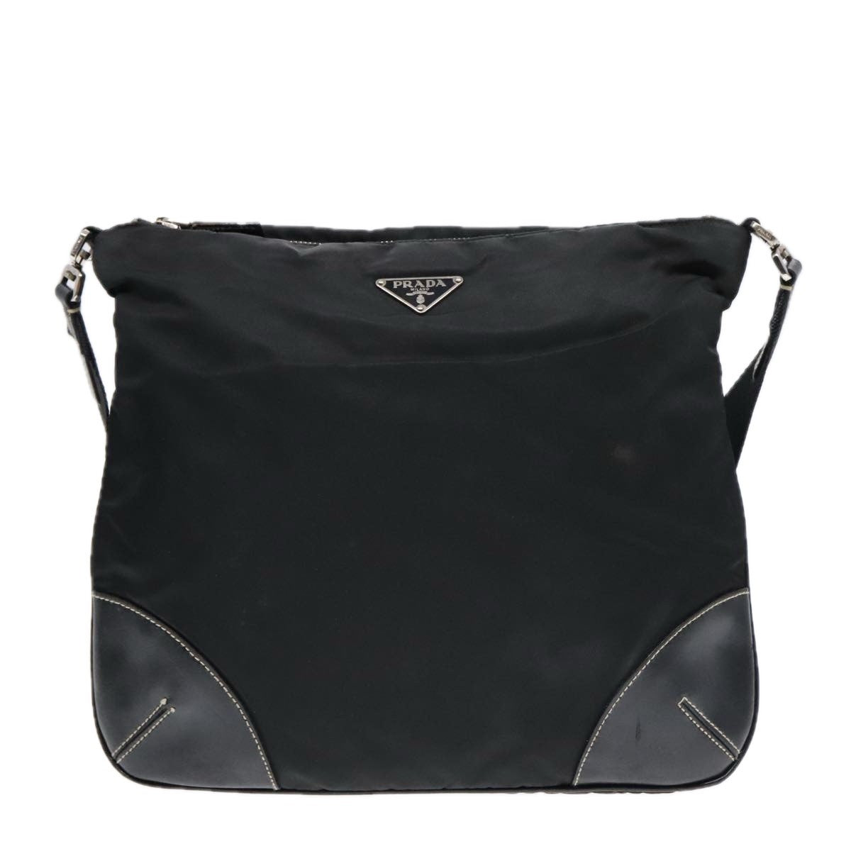 Prada Zip Messenger Bag Tessuto with Leather, BLACK, NYLON, Shoulder bag