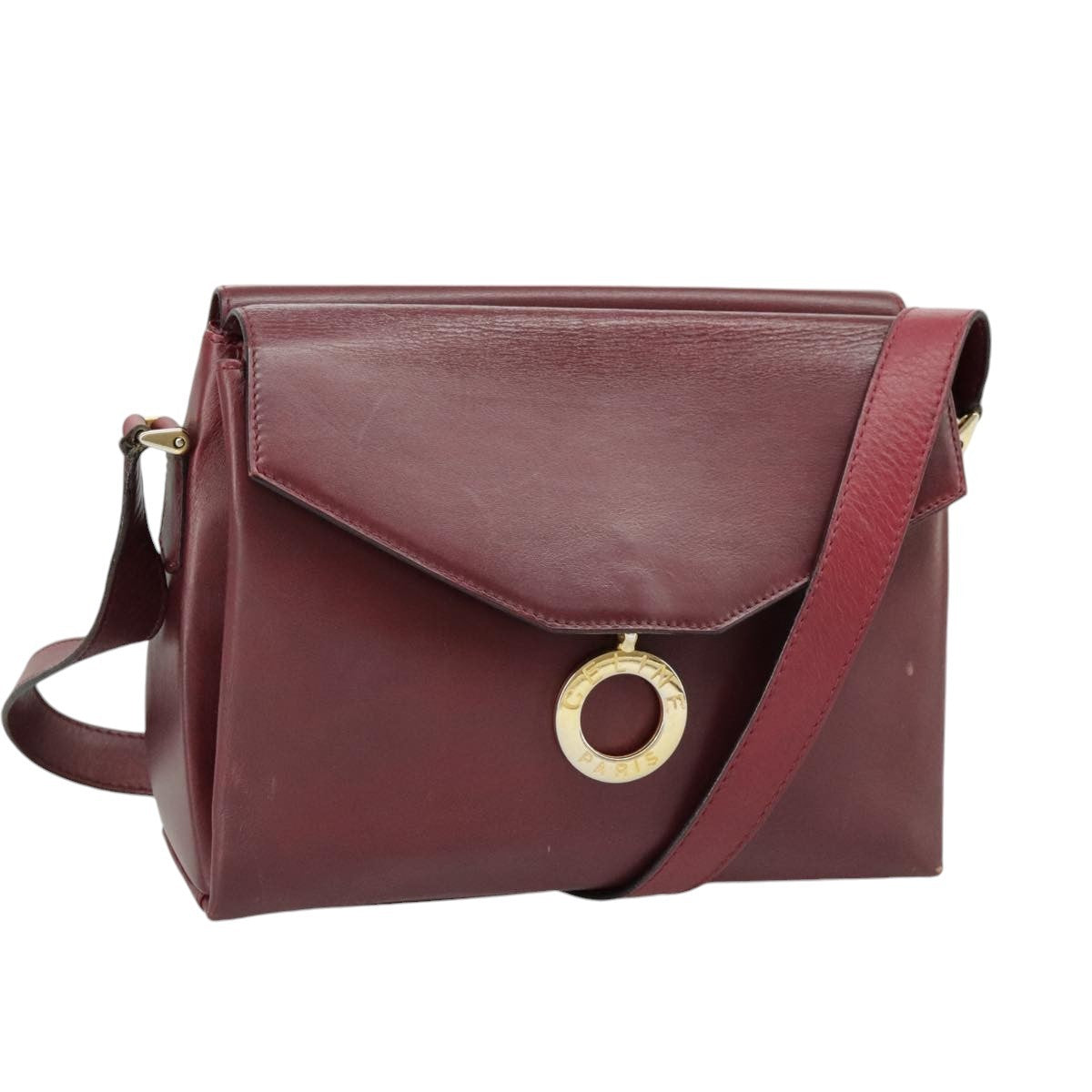 Celine Circle logo Leather, BURGUNDY, LEATHER, Shoulder bag