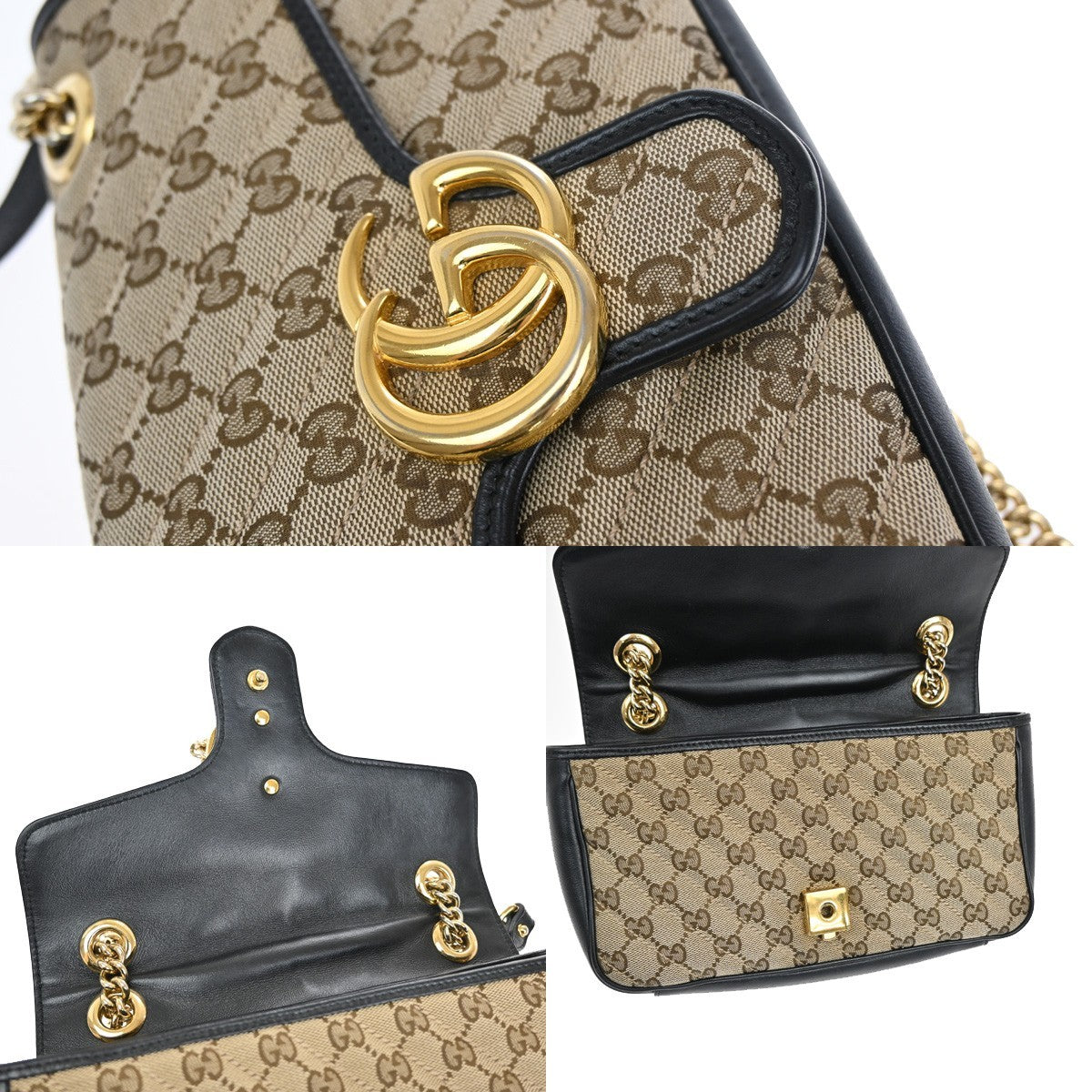 Gucci GG Marmont Flap Bag Diagonal Quilted GG Canvas with Leather, BROWN, CANVAS, Handbag