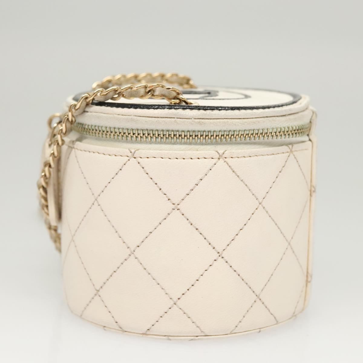 Chanel CC Round Vanity Case with Chain Quilted Lambskin, WHITE, LEATHER, Shoulder bag