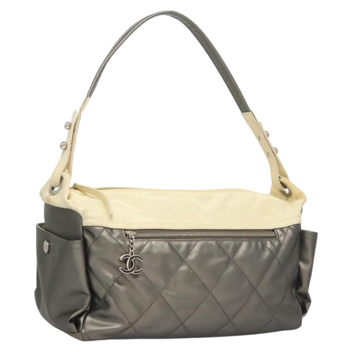 Chanel Biarritz Hobo Quilted Coated Canvas, SILVER, CANVAS, Shoulder bag