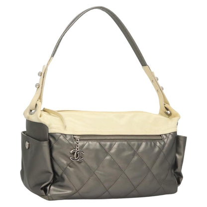 Chanel Biarritz Hobo Quilted Coated Canvas, SILVER, CANVAS, Shoulder bag