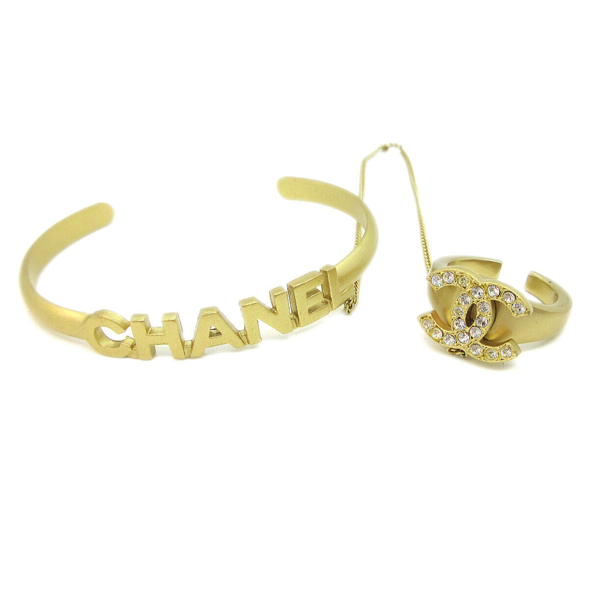 Chanel Logo Bangle with Chain Attached CC Ring Metal with Crystal, GOLD, GOLD_PLATED, Bracelet