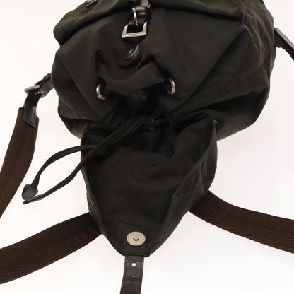 Prada Double Pocket Drawstring Backpack Nylon with Studded Detail, KHAKI, NYLON, Backpack