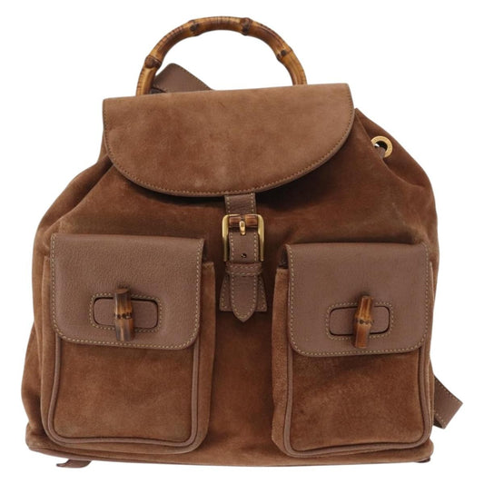Gucci Vintage Bamboo Backpack Suede, BROWN, SUEDE, Backpack