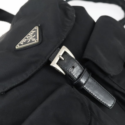 Prada Vela Double Front Pocket Backpack Tessuto with Saffiano Leather, BLACK, NYLON, Backpack