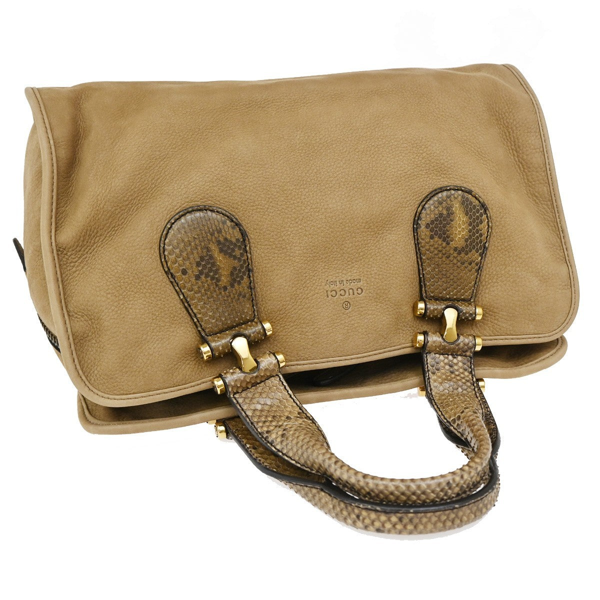 Gucci Twice Satchel Nubuck with Python, BROWN, SUEDE, Handbag