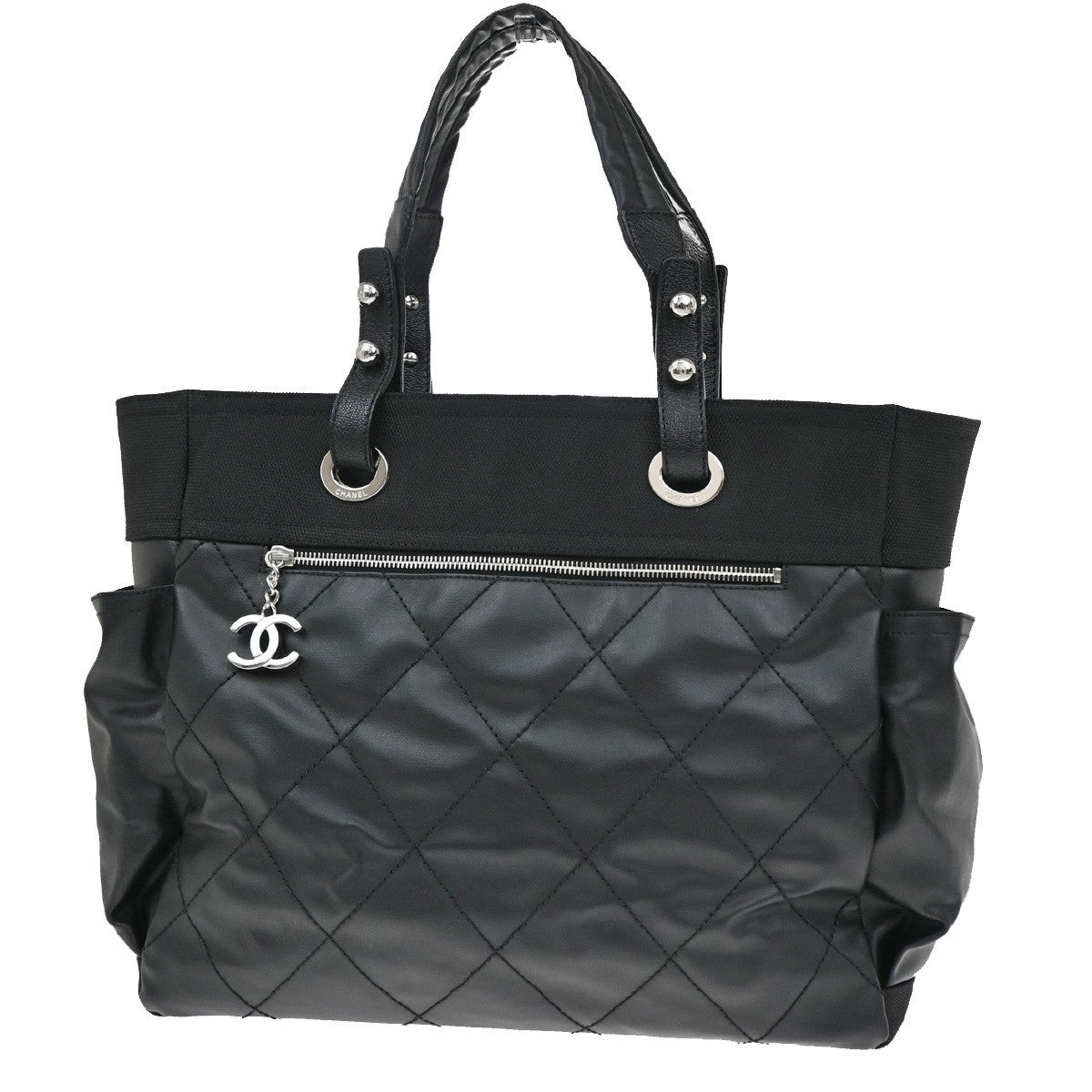 Chanel Biarritz Pocket Tote Quilted Coated Canvas, BLACK, CANVAS, Tote bag