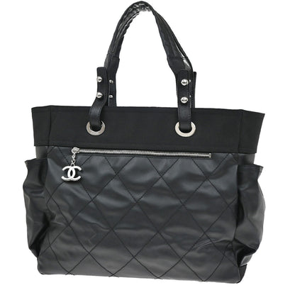 Chanel Biarritz Pocket Tote Quilted Coated Canvas, BLACK, CANVAS, Tote bag