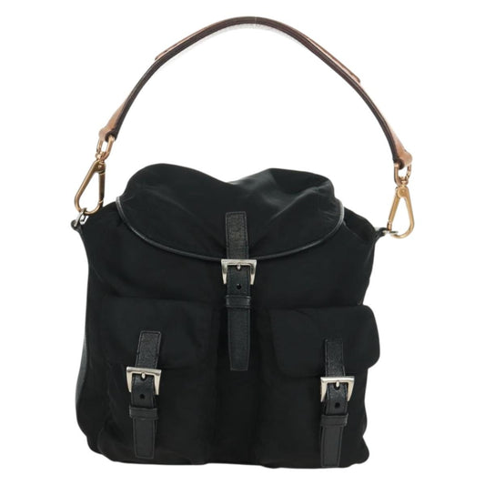 Prada Double Pocket Drawstring Shoulder Bag Tessuto, Black, Nylon, Shoulder Bag