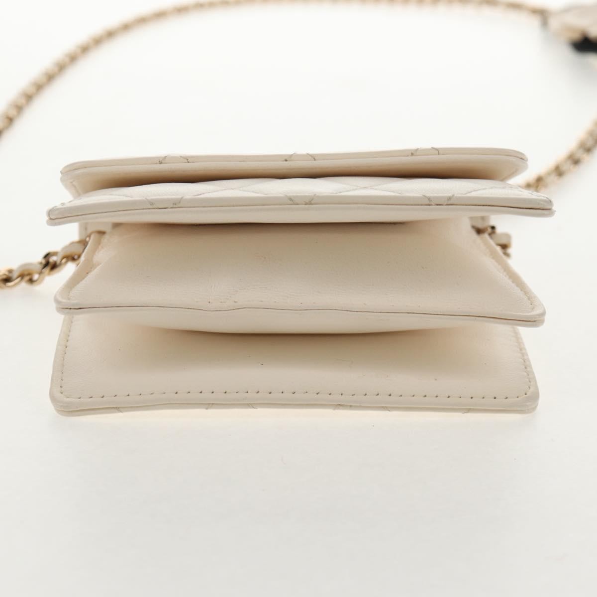 Chanel Camellia Bow Flap Card Holder with Chain Quilted Lambskin, WHITE, LEATHER, Shoulder bag