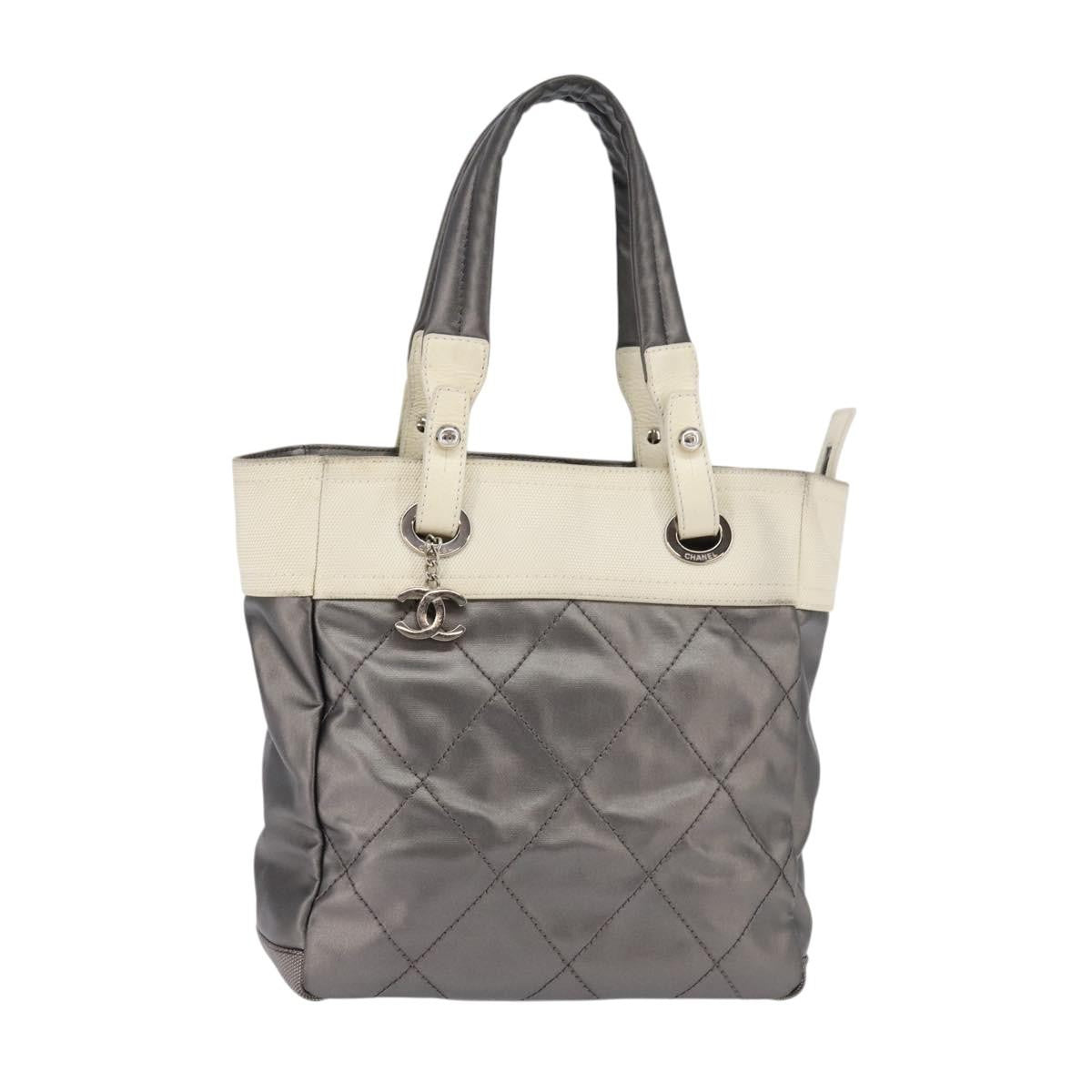 Chanel Biarritz Tote Quilted Coated Canvas, SILVER, CANVAS, Tote bag