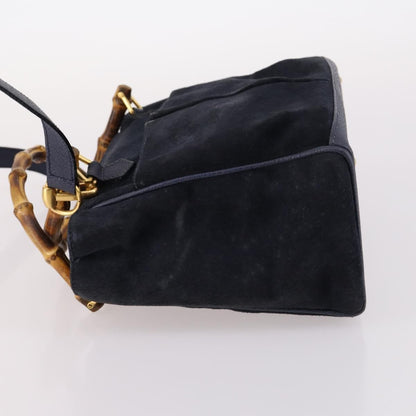 Gucci Vintage Bamboo Front Pocket Tote Suede, NAVY, SUEDE, Handbag