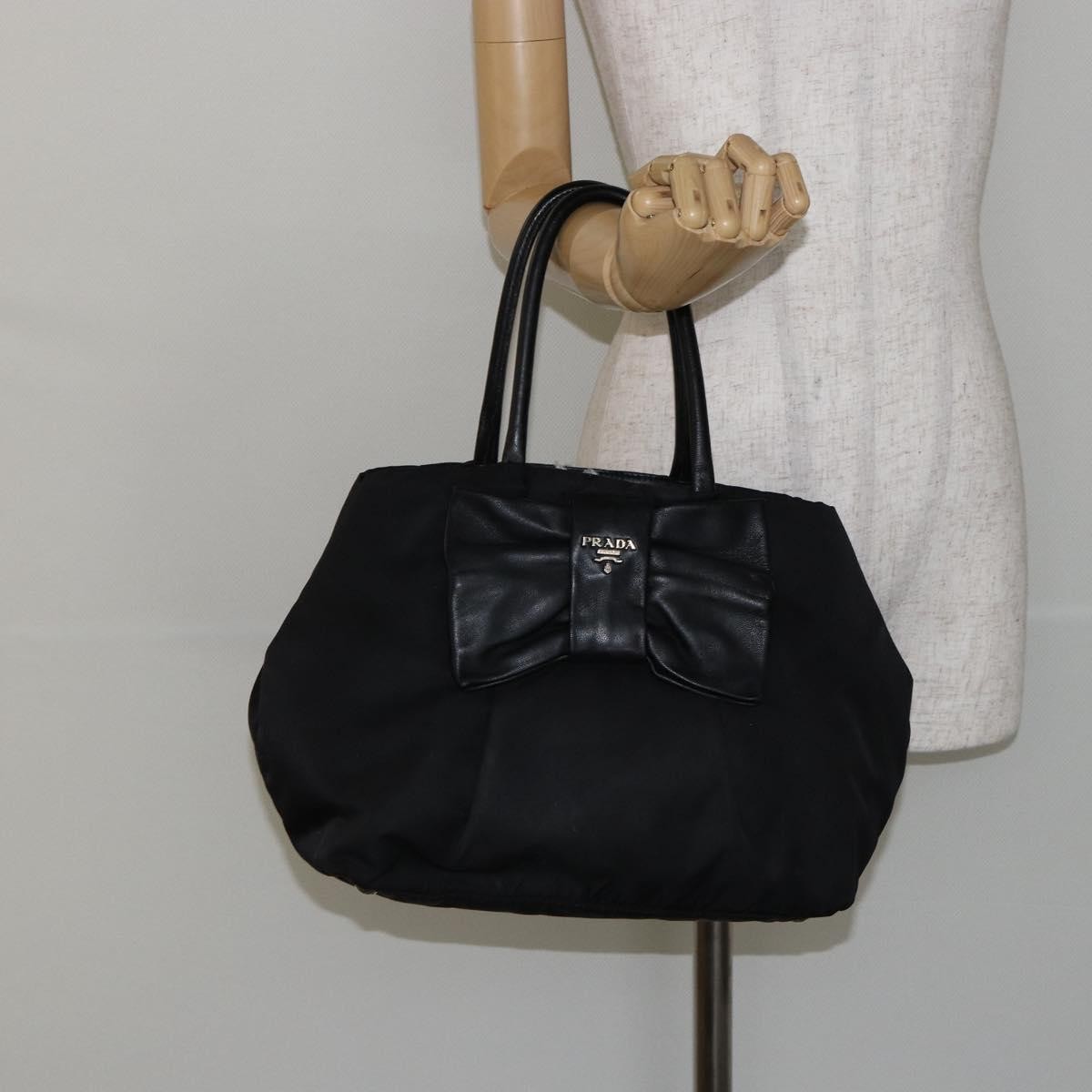 Prada Bow Tote Tessuto with Leather, BLACK, NYLON, Tote bag
