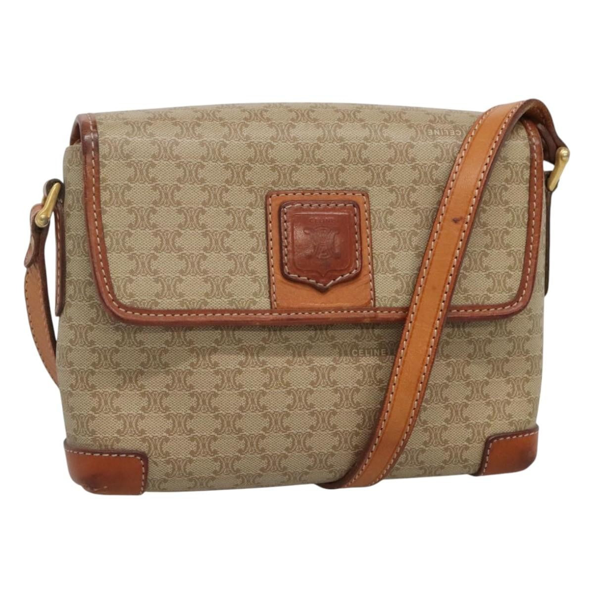 Celine Vintage Macadam Shoulder Bag Canvas and Leather, BEIGE, CANVAS, Shoulder bag