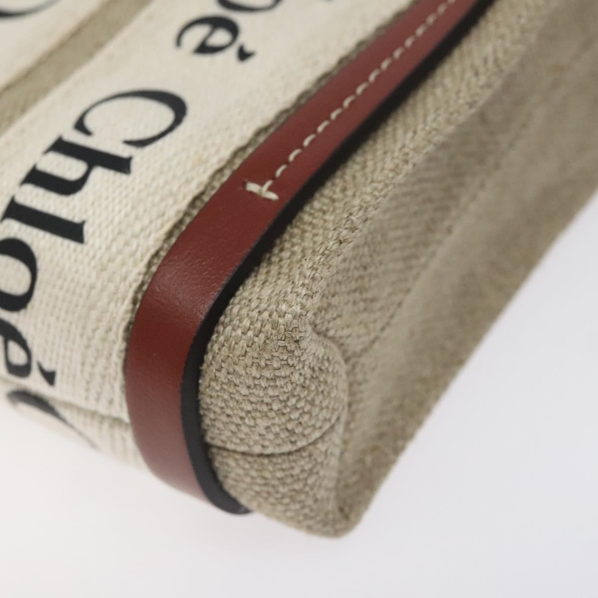 Chloe Woody Tote Canvas with Leather, BEIGE, CANVAS, Tote bag