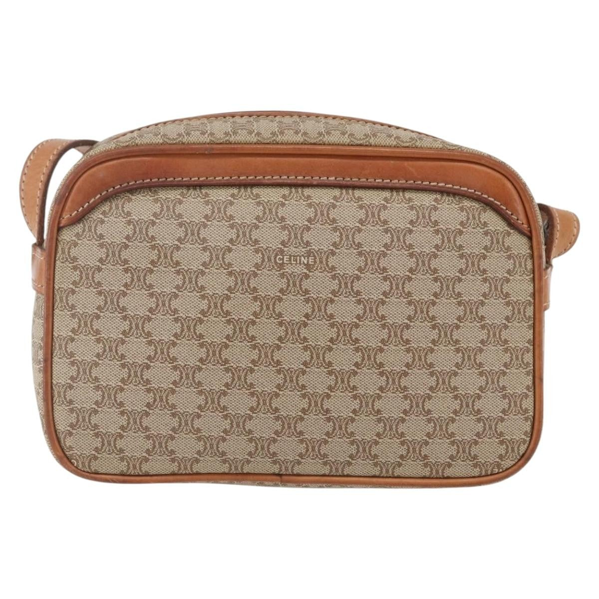 Celine Vintage Macadam Shoulder Bag Canvas and Leather, BEIGE, CANVAS, Shoulder bag