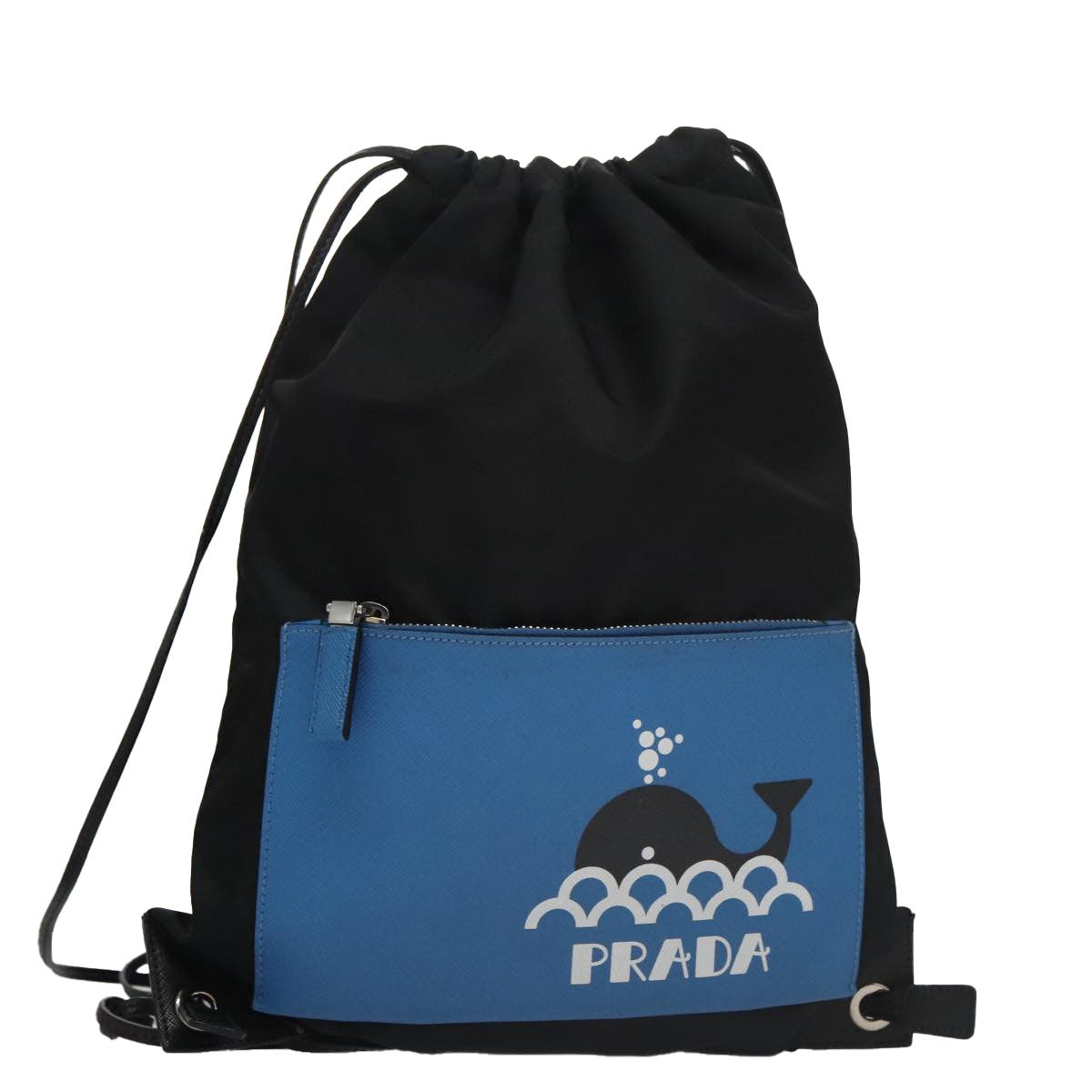 Prada Logo Drawstring Backpack Tessuto with Printed Saffiano, BLACK, NYLON, Backpack