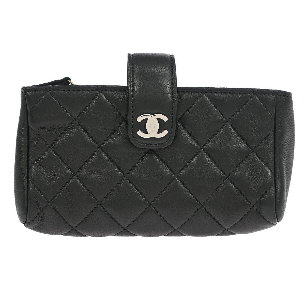 Chanel Chain Phone Holder Crossbody Bag Quilted Lambskin, BLACK, LEATHER, Clutche & pouche