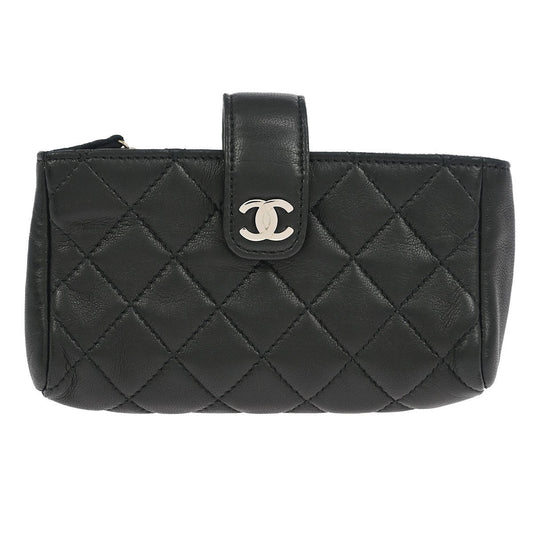 Chanel Chain Phone Holder Crossbody Bag Quilted Lambskin, BLACK, LEATHER, Clutche & pouche