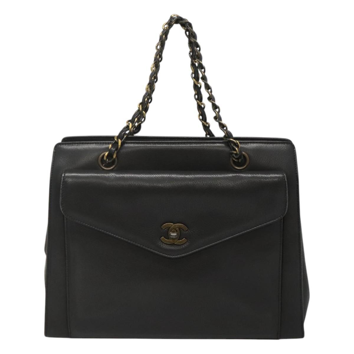 Chanel Vintage CC Front Pocket Tote Quilted Leather, BLACK, LEATHER, Tote bag