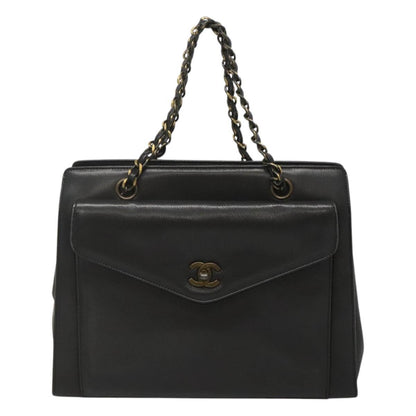 Chanel Vintage CC Front Pocket Tote Quilted Leather, BLACK, LEATHER, Tote bag