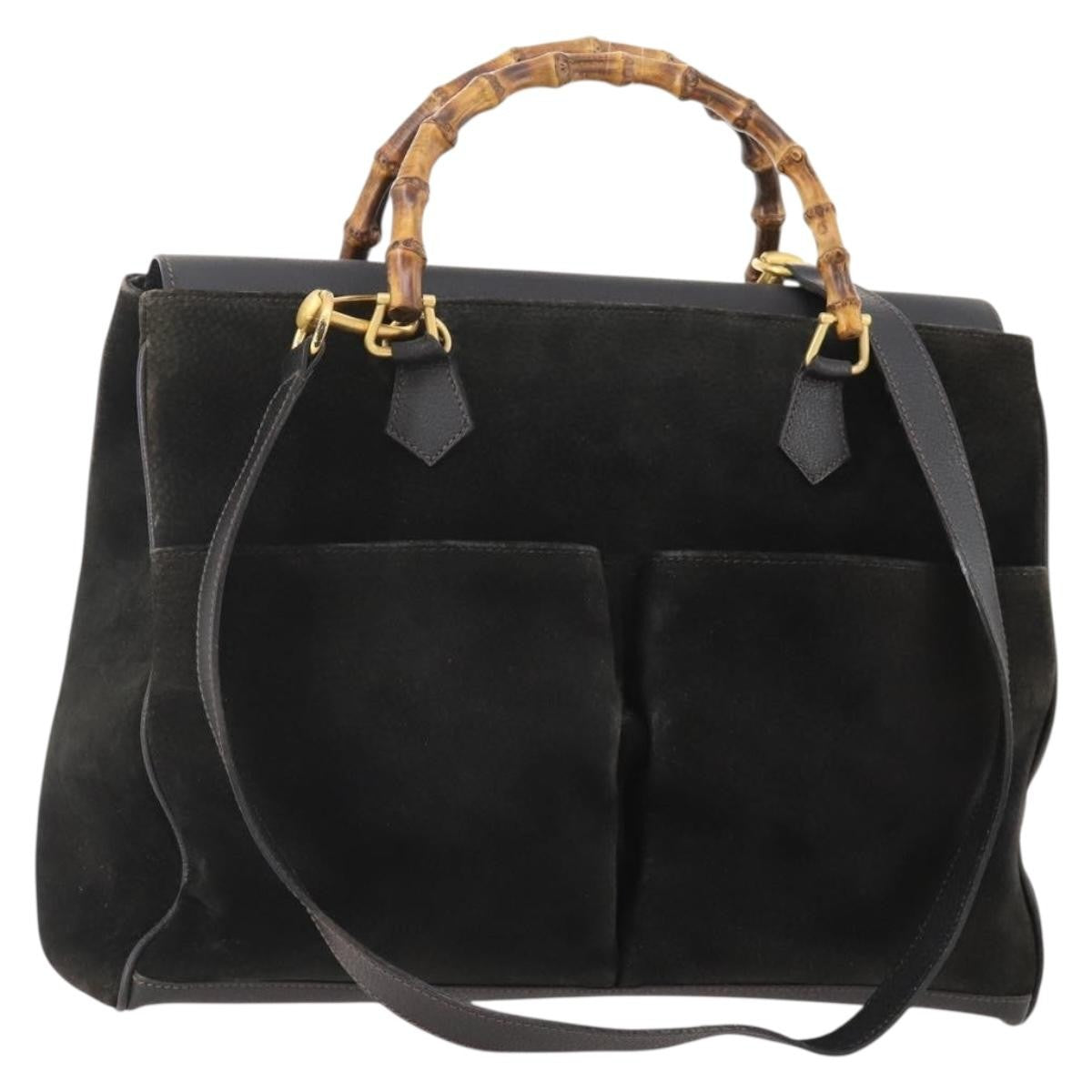 Gucci Vintage Diana Bamboo Top Handle Tote Ostrich, Black, Suede, Tote Bag