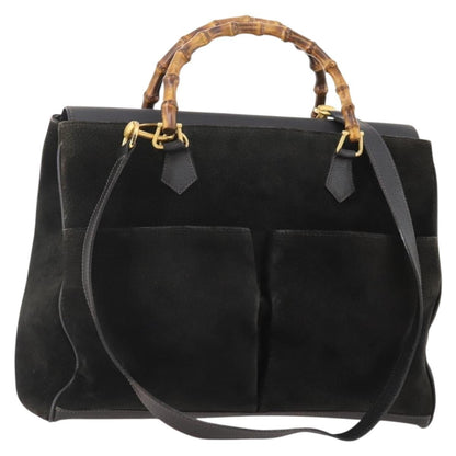 Gucci Vintage Diana Bamboo Top Handle Tote Ostrich, Black, Suede, Tote Bag