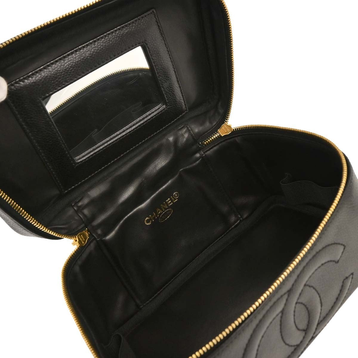 Chanel Vintage Timeless Cosmetic Case with Mirror Caviar, BLACK, LEATHER, Clutche & pouche