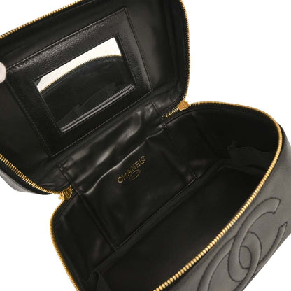 Chanel Vintage Timeless Cosmetic Case with Mirror Caviar, BLACK, LEATHER, Clutche & pouche